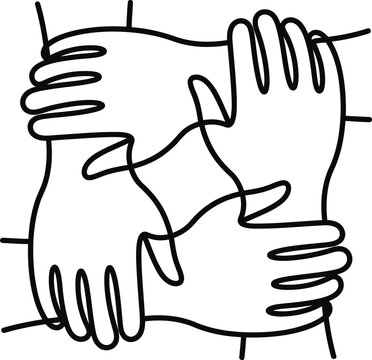 Continuous line art illustration of four interconnected hands showing unity and teamwork.