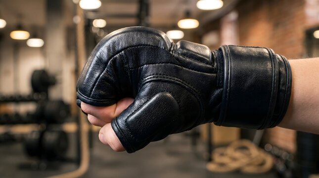 Close up of a professional black MMA grappling glove worn by a martial arts fighter inside a fitness gym for training