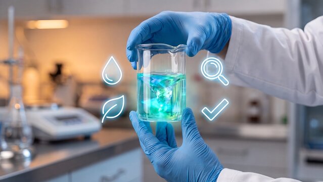 Cosmetic ingredient research concept, scientist holding beaker with glowing liquid, drop, leaf, magnifier, checkmark icons in lab, formulation, testing and quality verification