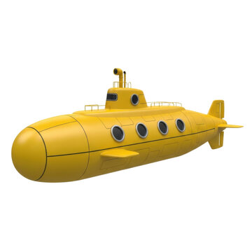 A vibrant yellow submarine with multiple circular portholes and a periscope on a clean white background