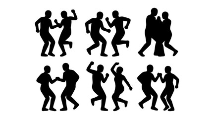 Obraz premium Silhouette illustrations of people dancing and fighting in a dynamic group isolated on transparent background, Vector, illustration