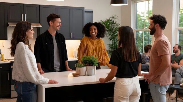 A group of friends gather around a modern kitchen island for casual conversation and laughter