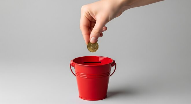 Hand dropping a gold coin into a small red bucket savings container