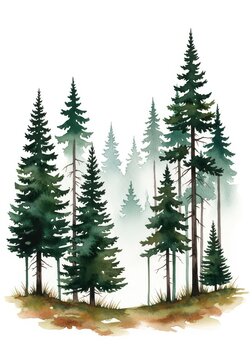 Watercolor Coniferous Forest Illustration with Misty Pine Trees and Evergreen Fir Foliage on White Background