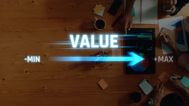 A dynamic business scene showcasing the concept of value measurement, featuring colorful charts and collaborative professionals working together at a wooden desk. Raster