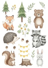 Fototapeta premium Cute Watercolor Woodland Animals Clipart Set with Fox Bear Hedgehog Raccoon Squirrel Rabbit and Forest Elements
