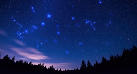 Fototapeta premium Stunning Night Sky with Bright Constellations and Stars over a Dark Pine Forest Silhouette at Twilight