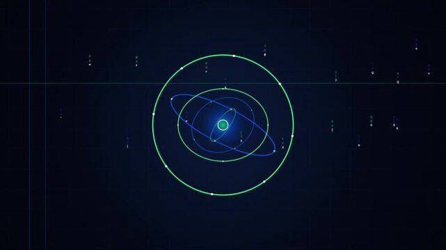 Abstract futuristic digital HUD interface showing neon blue and green elliptical orbital paths around a central core on a dark blue grid background with technical data display.