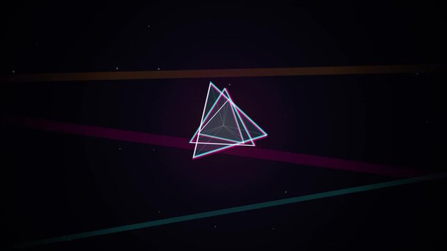 Abstract 4K motion graphics featuring a central 3D geometric pyramid shape with RGB glitch displacement on a dark background with horizontal stripes and digital particle elements.