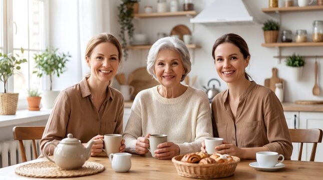 Three happy women of different generations enjoying a heartwarming tea time together in a bright, modern kitchen, celebrating family bonds and shared moments