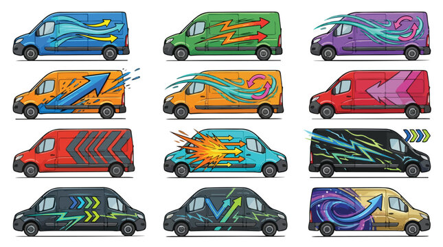 Commercial van wrap designs with 12 vector templates, delivery vehicle branding with dynamic arrow graphics, colorful transport car decals set