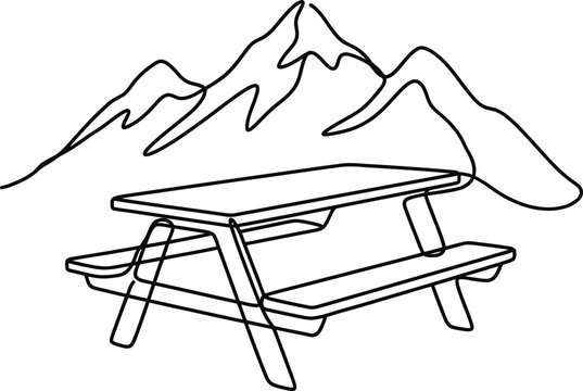 Continuous line art of a picnic table with mountains.