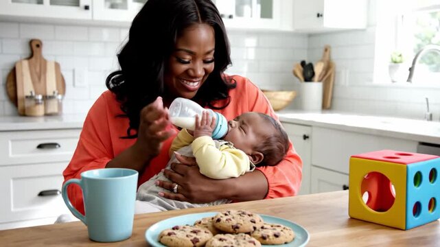 Happy African American Mother Bottle Feeding Her Infant In Kitchen
