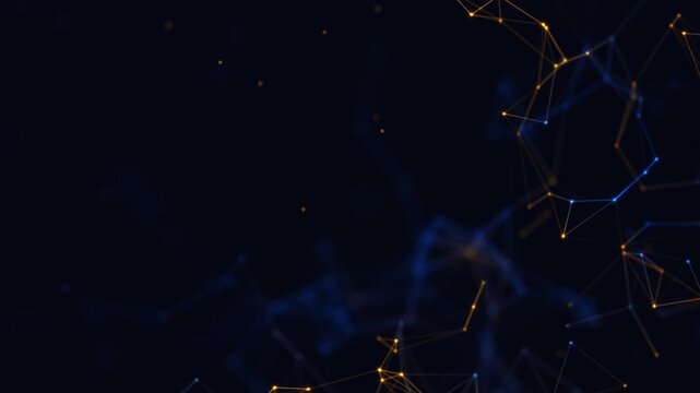 Abstract digital network background with glowing blue and orange connection lines and dots. Concept for 5G technology, big data, cloud computing, global communication, and cyber security.