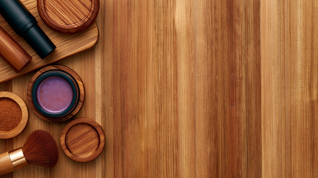 Professional makeup products and accessories on wooden table surface top view.