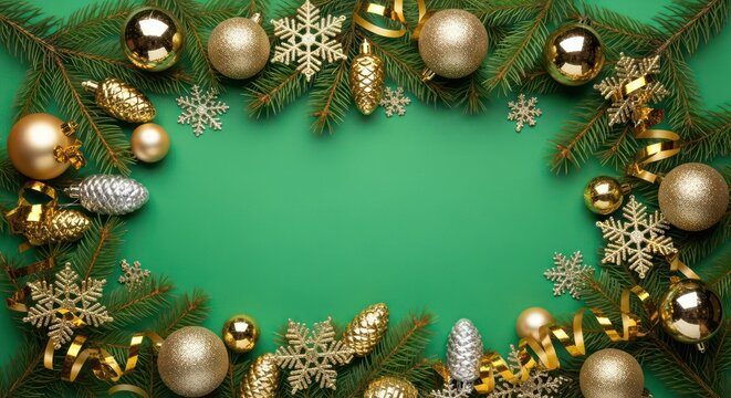 Christmas holiday border with gold ornaments and pine branches