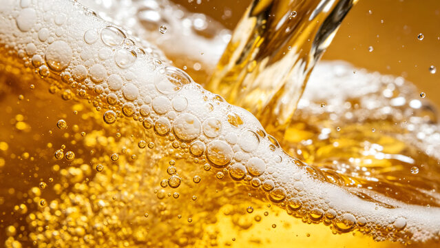 Cinematic macro shot of golden amber liquid pouring with thick white froth foam and splashing bubbles backdrop for commercial beverage branding advertisements.