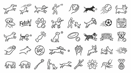 A collection of hand-drawn line art icons depicting various dog-related activities, breeds, and accessories, perfect for graphic design and pet-themed content. © handaka