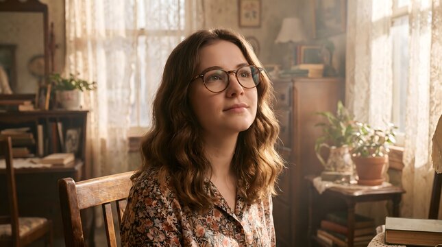 Young woman with glasses sitting in a sunlit vintage room looking thoughtfully into the distance