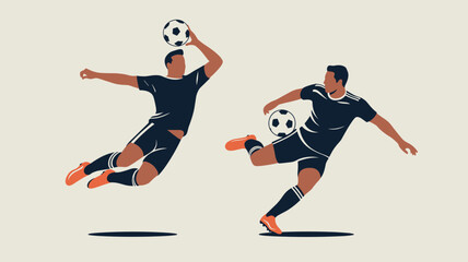 Fototapeta premium Action illustration of two male soccer players performing athletic kicks and headers on a neutral light background.