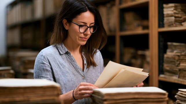 A woman wearing glasses examines old documents surrounded by shelves of stacked papers in a quiet archive setting