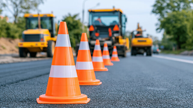Row of bright orange traffic cones on freshly paved asphalt road with construction machinery in background.