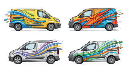 Fototapeta premium Commercial delivery van wrap designs, colorful vehicle branding graphics set, modern transport decal templates with abstract speed lines and arrows