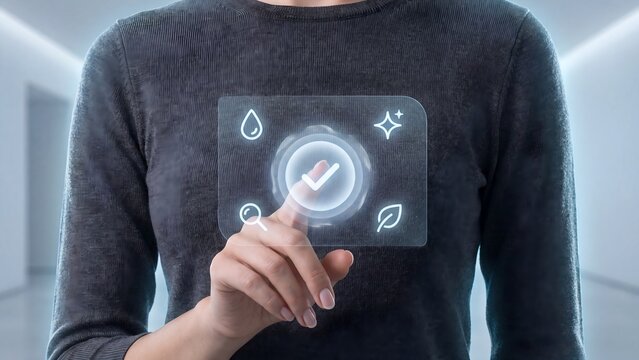 Skincare ingredient verification concept, woman pressing digital checkmark button with drop, magnifier, leaf, sparkle icons on touchscreen, quality, approval, safety and certification