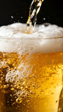 Dynamic golden beverage pouring with realistic froth foam texture vertical composition perfect for mobile application ads and drink marketing social media stories.