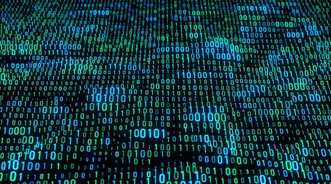 Abstract digital background with glowing blue binary code data stream