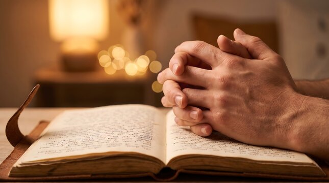 Devout person hands praying over open scripture in warm domestic lighting for spiritual faith and meditation