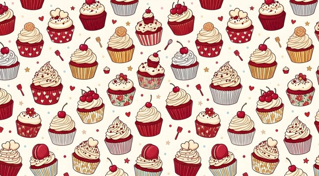 seamless pattern red velvet cupcake with cream and fruit