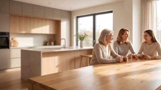 Three Generations of Happy Women Enjoying a Warm Conversation Over Cups of Tea in a Modern Bright Kitchen Setting