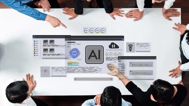 Aerial view of a team of professionals engaged in a collaborative artificial intelligence project, showcasing various screens with data visualizations and interactive elements. Raster