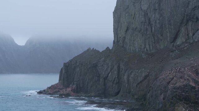 Antarctica Point Wild on Elephant Island Penguin Colony View From Cruise Ship. Moody Mist on Horizon. Rock Formation Mountain Waves Crash Wide View