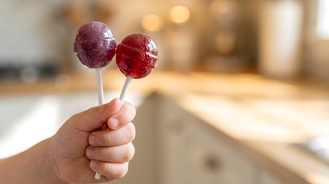 Child hand holding two colorful lollipops in a sunny kitchen