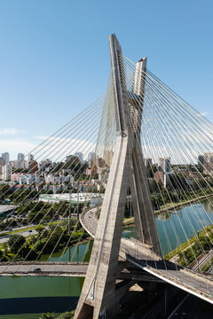 Octavio Frias de Oliveira cable-stayed bridge and city skyline, Sao Paulo, Brazil