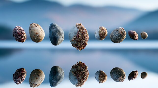 A row of various small river stones floating above a water reflection.