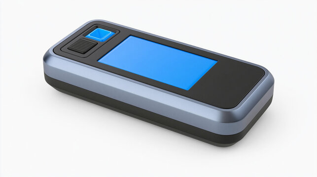Sleek gray and blue portable electronic device with a bright blue screen on a white background.