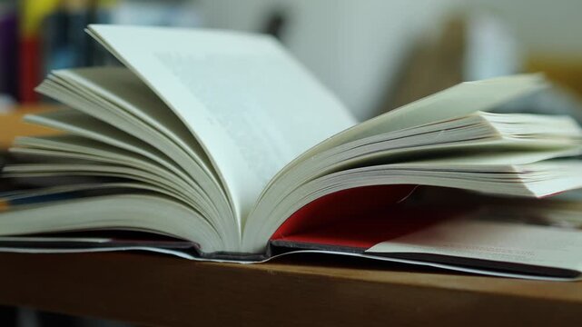Horizontal 4K close up shot of a thick open book with pages moving subtly in a gentle wind on a wooden workstation table
