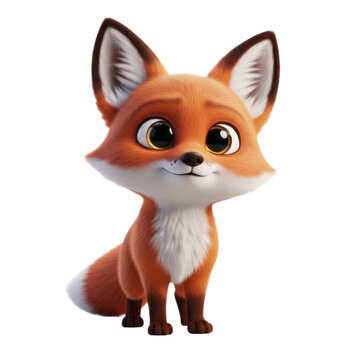A charming, adorable cartoon fox with large expressive eyes and a fluffy white chest, standing against a clean white background