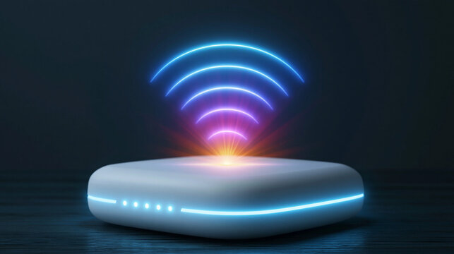 Sleek white internet router with glowing blue side bar and multi colored neon signal waves.