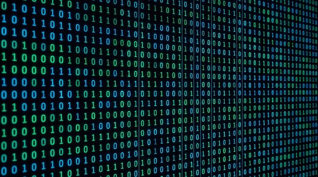 Glowing green and blue binary code sequence on black background for digital data