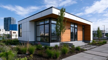 Fototapeta premium Modern minimalist house with large glass and wooden accents set against a city skyline under blue sky