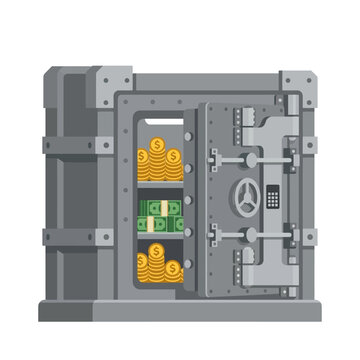 Secure Vault of Riches: An open, sturdy vault reveals stacks of gold coins and currency notes, representing wealth and financial security.