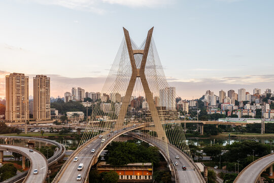 Octavio Frias de Oliveira bridge at sunset, Sao Paulo, Brazil