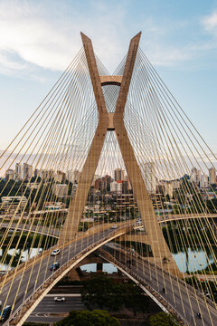 X-shaped tower of the Octavio Frias de Oliveira cable-stayed bridge, Sao Paulo, Brazil