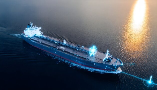 Autonomous Smart Cargo Ship Navigating Ocean at Sunset with Digital Laser Guidance and Hologram Interface Concept