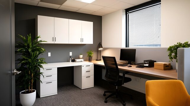 Modern minimalist office space featuring a clean desk setup  ergonomic chair  and indoor plants for a productive work environment