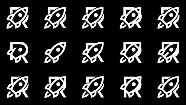 Seamless pattern of white rocket icons with 'R' or 'P' on black background, symbolizing startup and launch